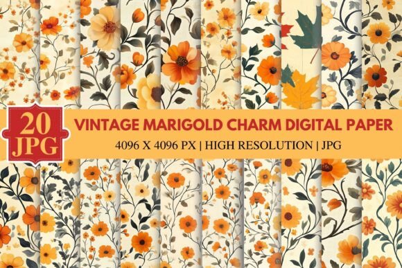 Download Vintage Marigold Charm Digital Paper - Gold Collection
