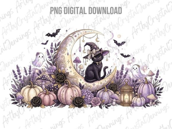Download Purple Witch Cat Moon Halloween PNG - Halloween Collection